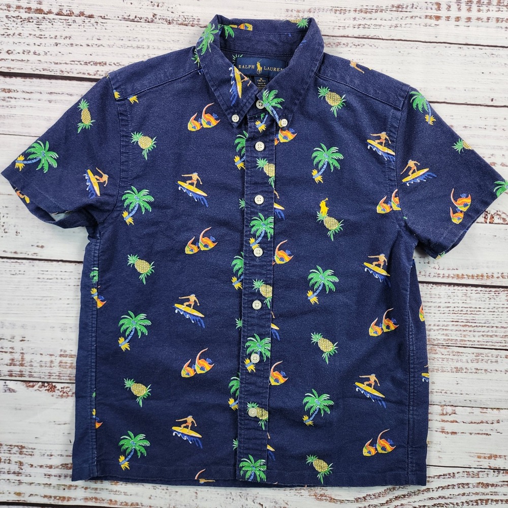 Ralph Lauren Boys Navy Blue Cotton Surfer Pineapple Palm Tree Shirt M